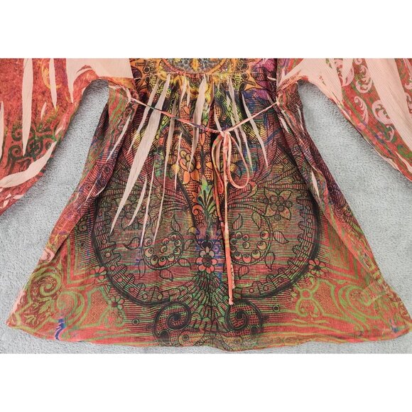 BLEU Shirt Womens Medium Multicolor Paisley Beaded Boho Long Sleeve Tunic Blouse - Picture 7 of 11